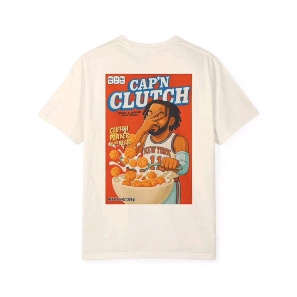 NY Knicks Jalen Brunson Cap'n Clutch Graphic T-Shirt, Size SMALL, Color SAND